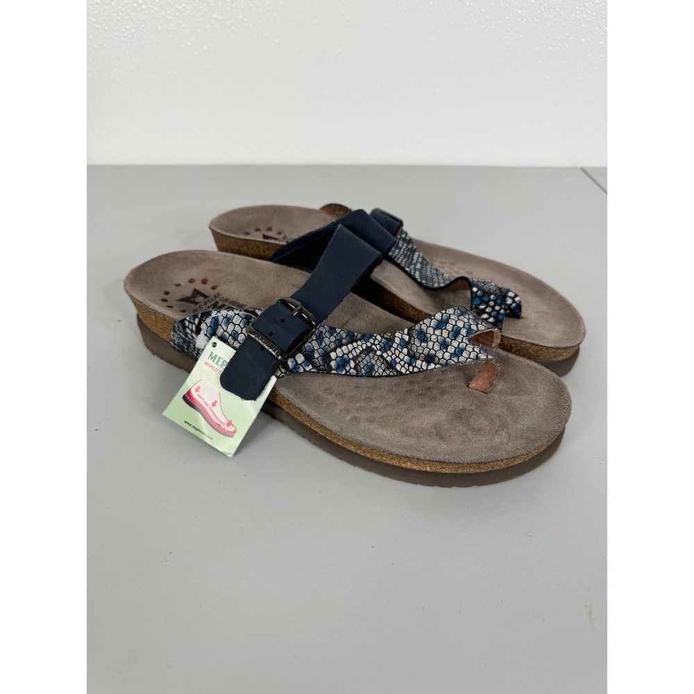 Mephisto Helen Blue Snakeskin Leather Cork Footbed Sandals Womens 38 NEW